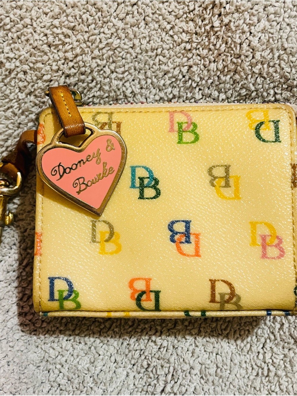 Dooney & Bourke Yellow Multicolor DB Logo Zip Card Case with Pink Heart Charm